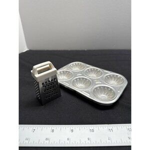 Miniature 2" Cheese Grater & Vintage Aluminum Mini Daisy Cupcake Pan Baking Toy